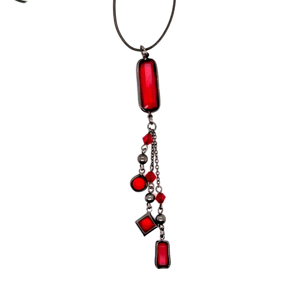 NY Collection Red Stone Tassel Pendant Necklace Gunmetal Snake Chain 16-18in
